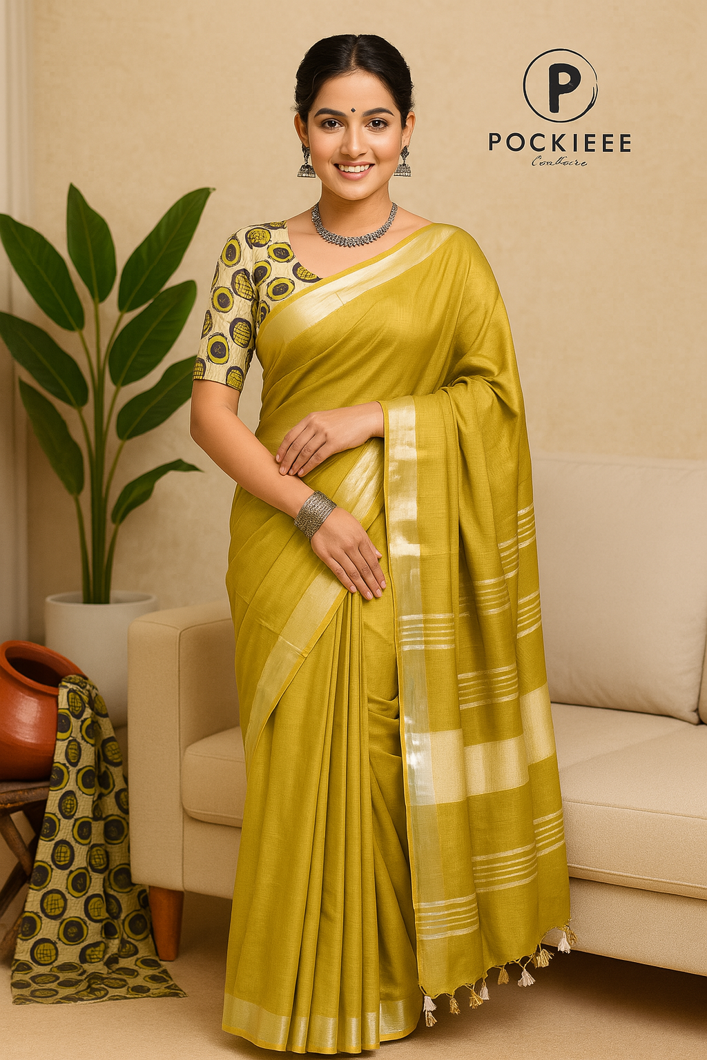 Plain Cotton Linen Saree with Blouse Piece