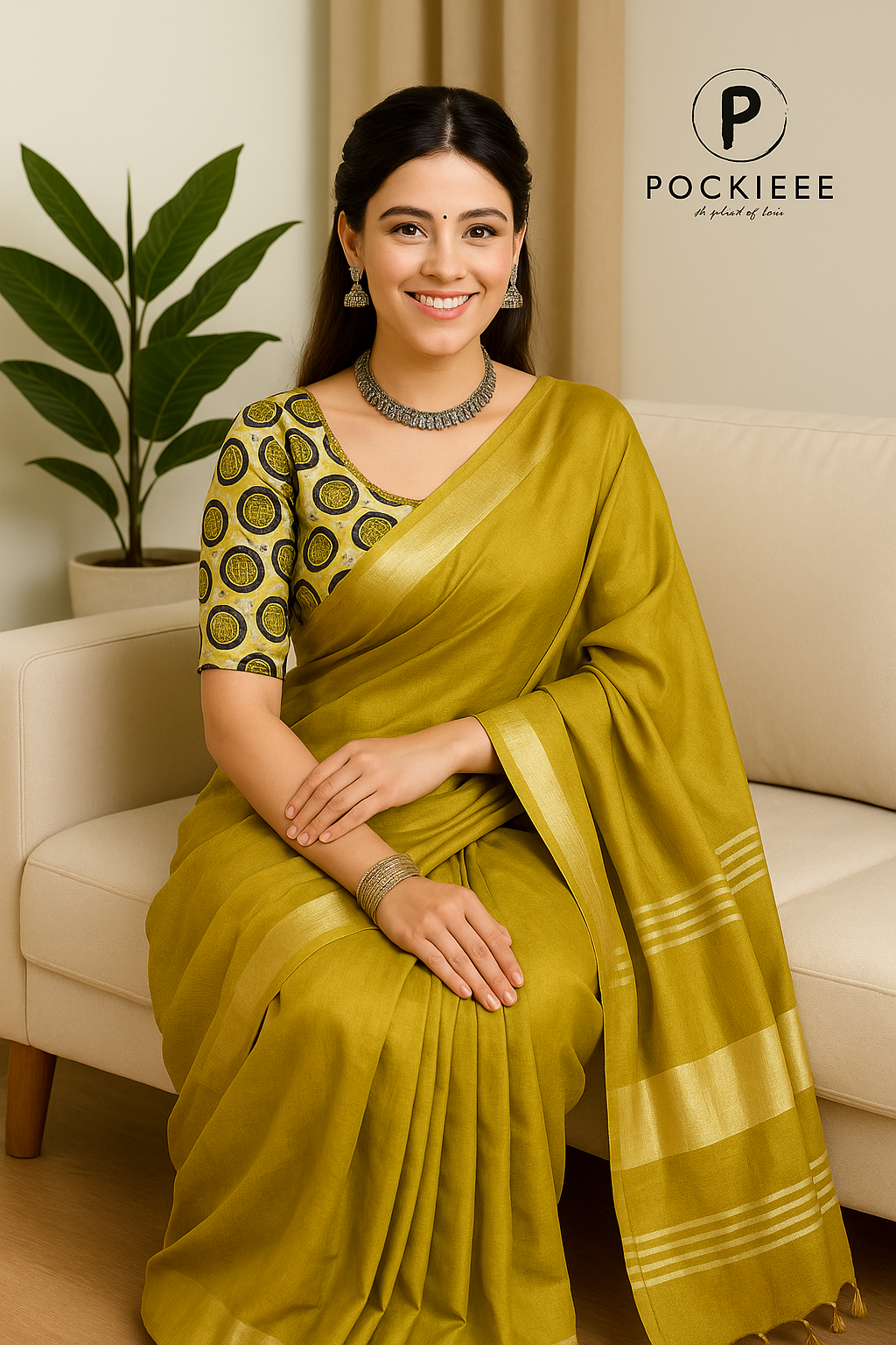 Plain Cotton Linen Saree with Blouse Piece