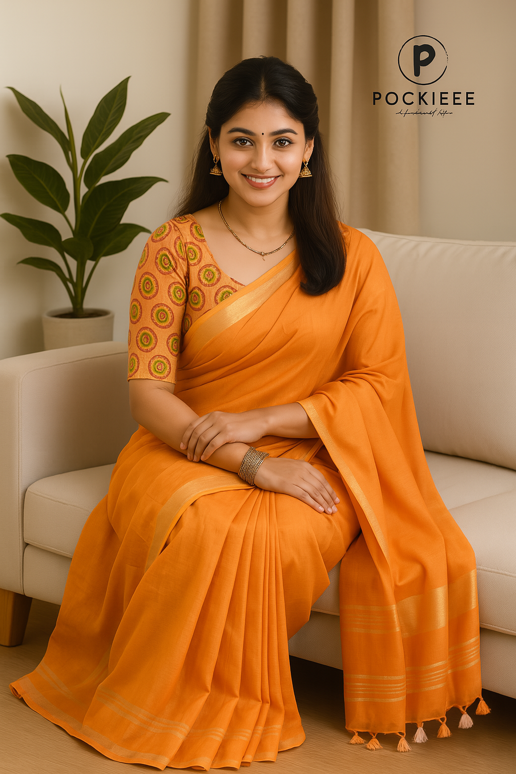 Plain Cotton Linen Saree with  Blouse Piece