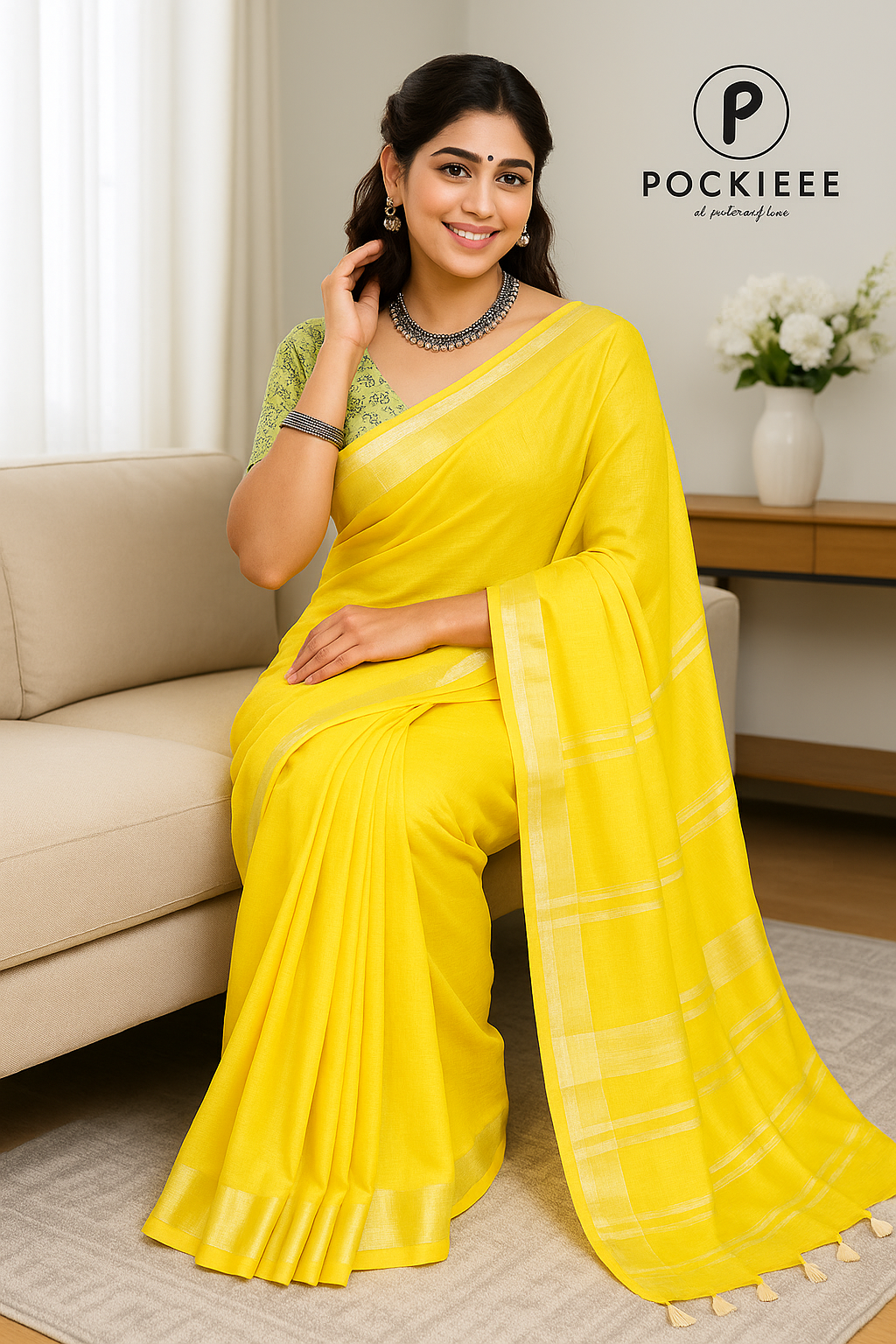 Plain Cotton Linen Saree with  Blouse Piece
