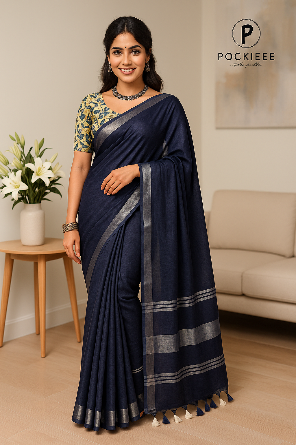Plain Cotton Linen Saree with  Blouse Piece