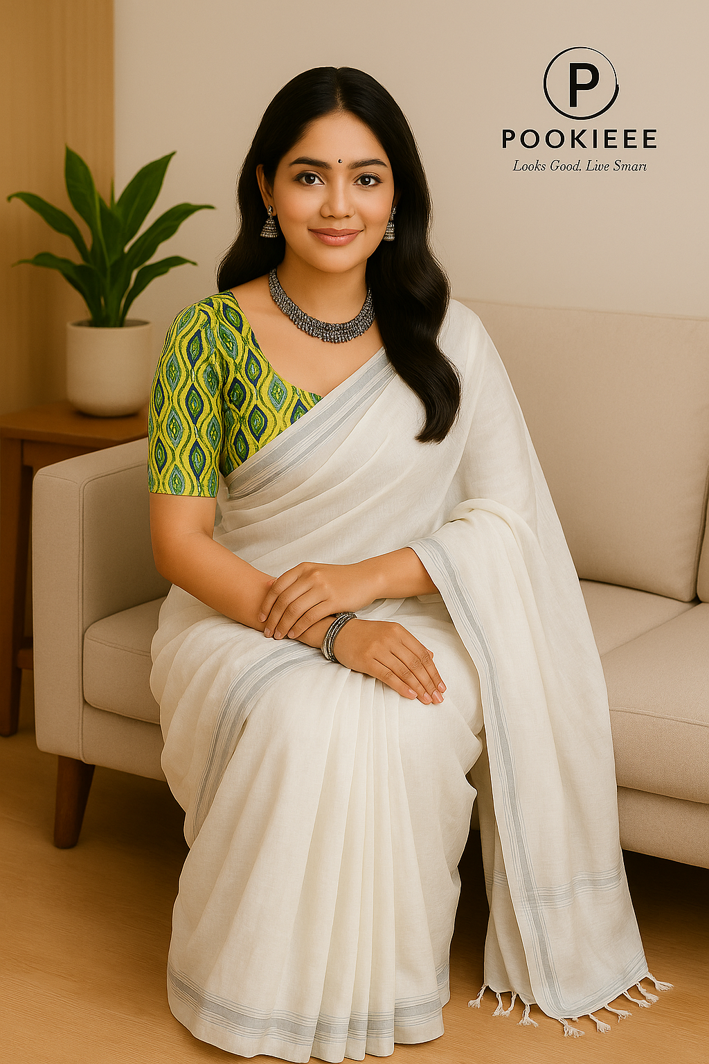 Plain Cotton Linen Saree with  Blouse Piece