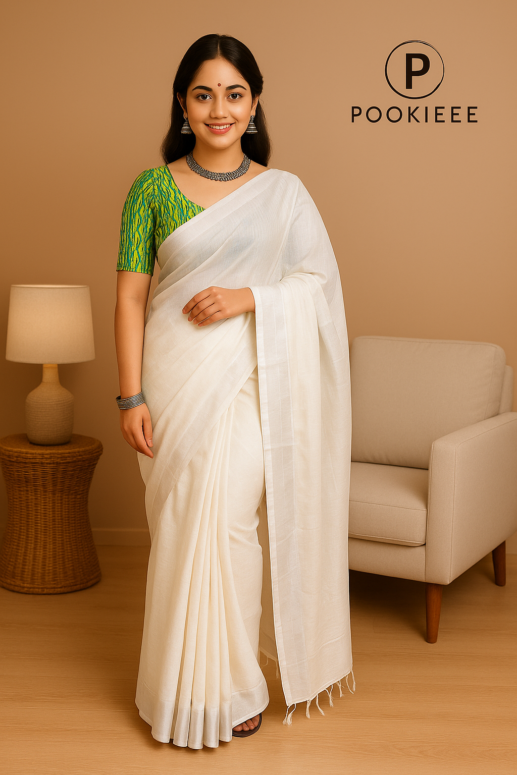 Plain Cotton Linen Saree with  Blouse Piece