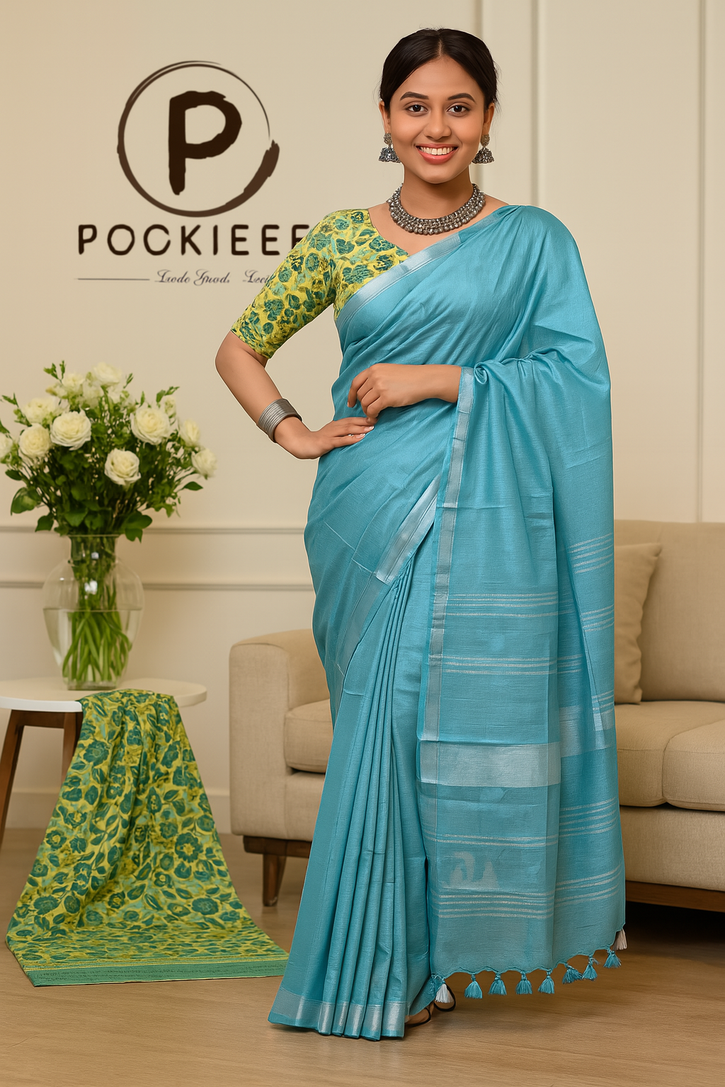 Plain Cotton Linen Saree with  Blouse Piece