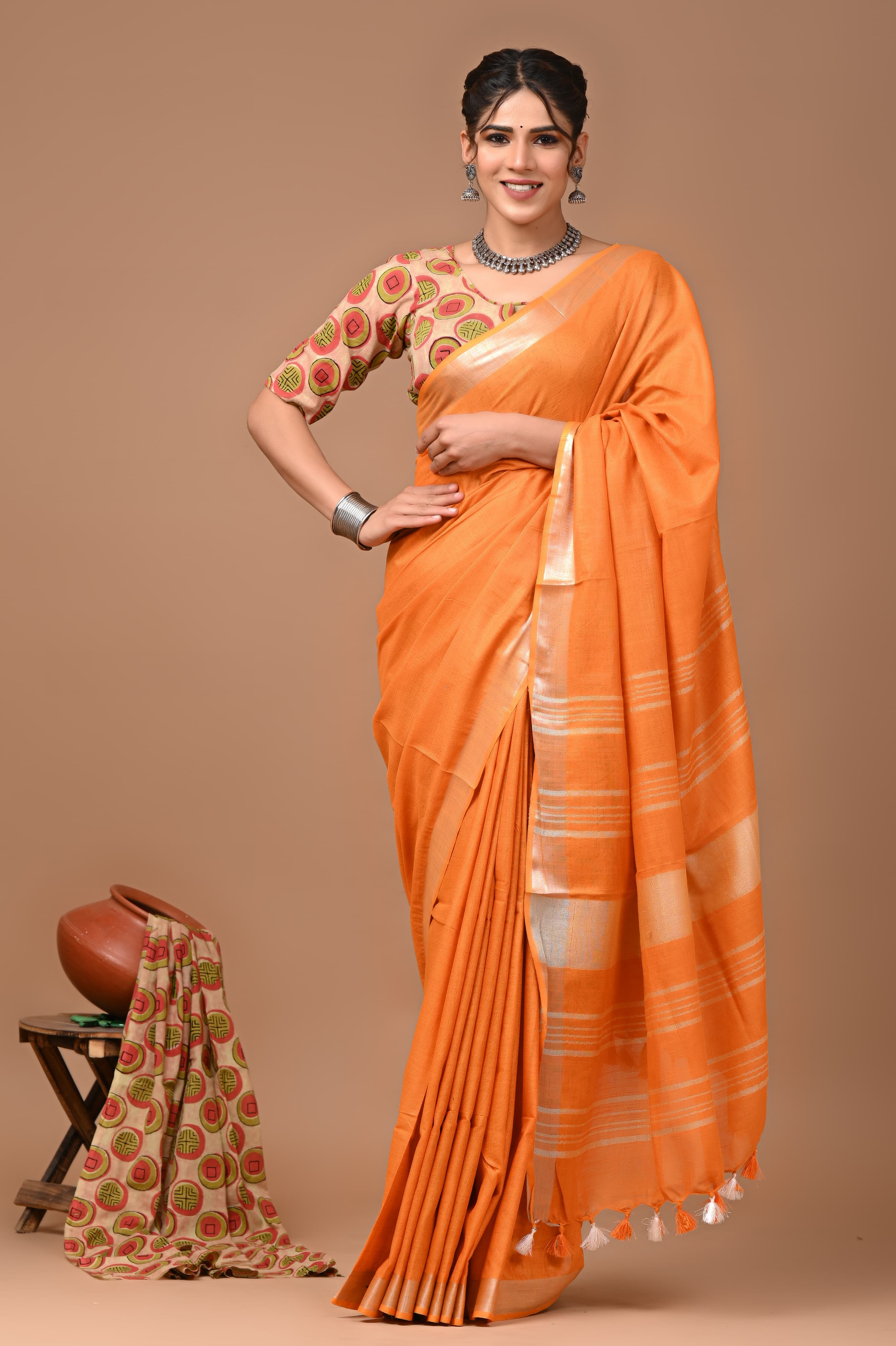 Plain Cotton Linen Saree with  Blouse Piece