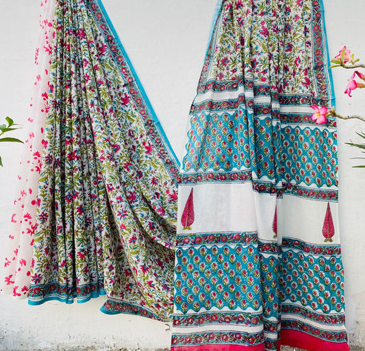 Hand block print soft cotton saree with blouse