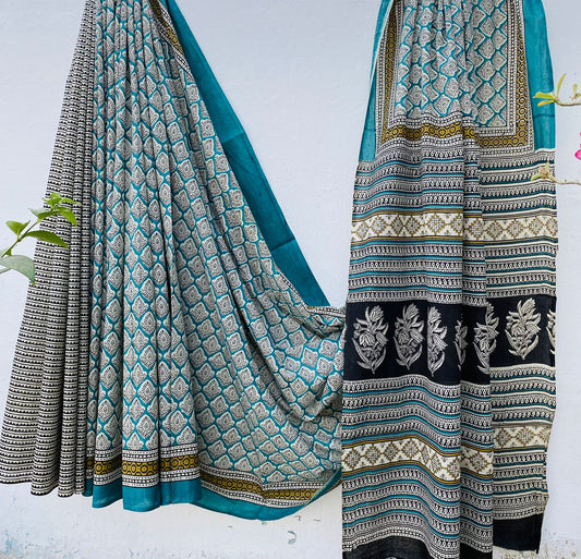 Hand block print soft cotton saree with blouse