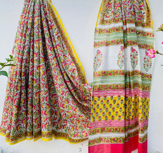 Hand block print soft cotton saree with blouse