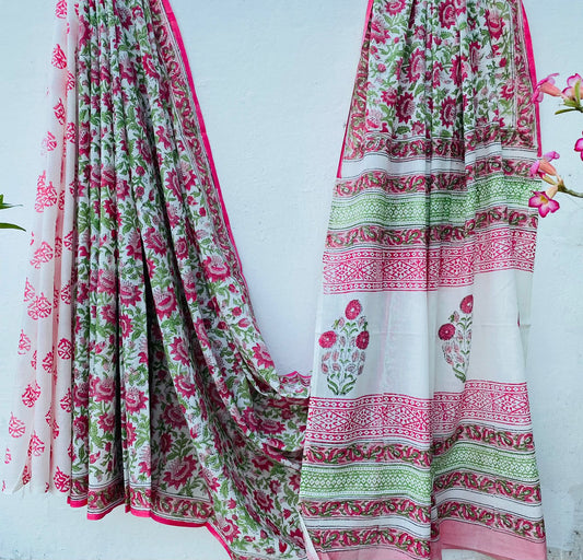 Hand block print soft cotton saree with blouse