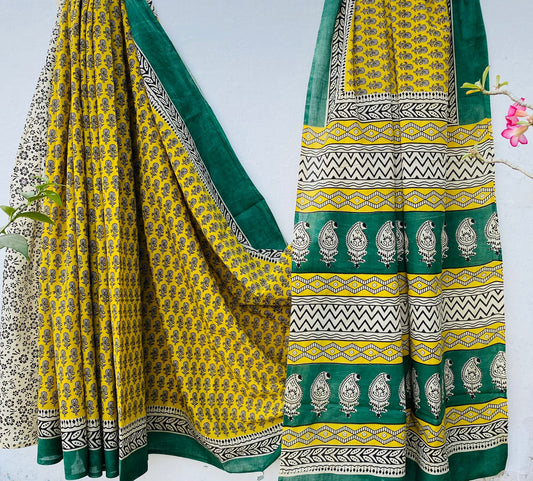 Hand block print soft cotton saree with blouse