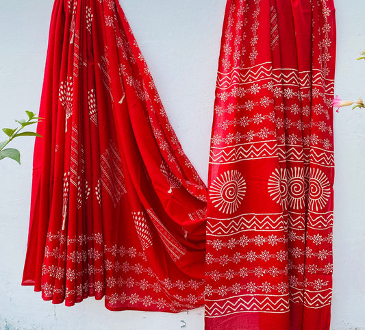 Hand block print soft cotton saree with blouse