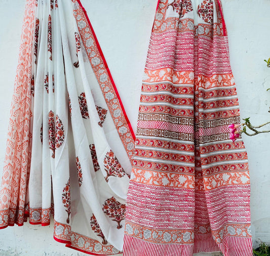 Hand block print soft cotton saree with blouse