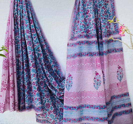 Hand block print soft cotton saree with blouse