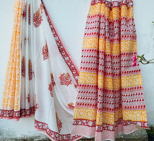 Hand block print soft cotton saree with blouse