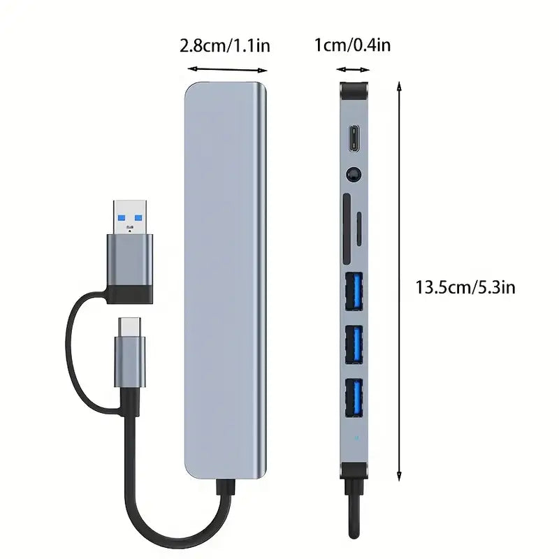Docking Hub 20.32 cm | 2 Type-C + USB 3.0 + Card Reader (TF/SD) + 3.5mm Audio Jack