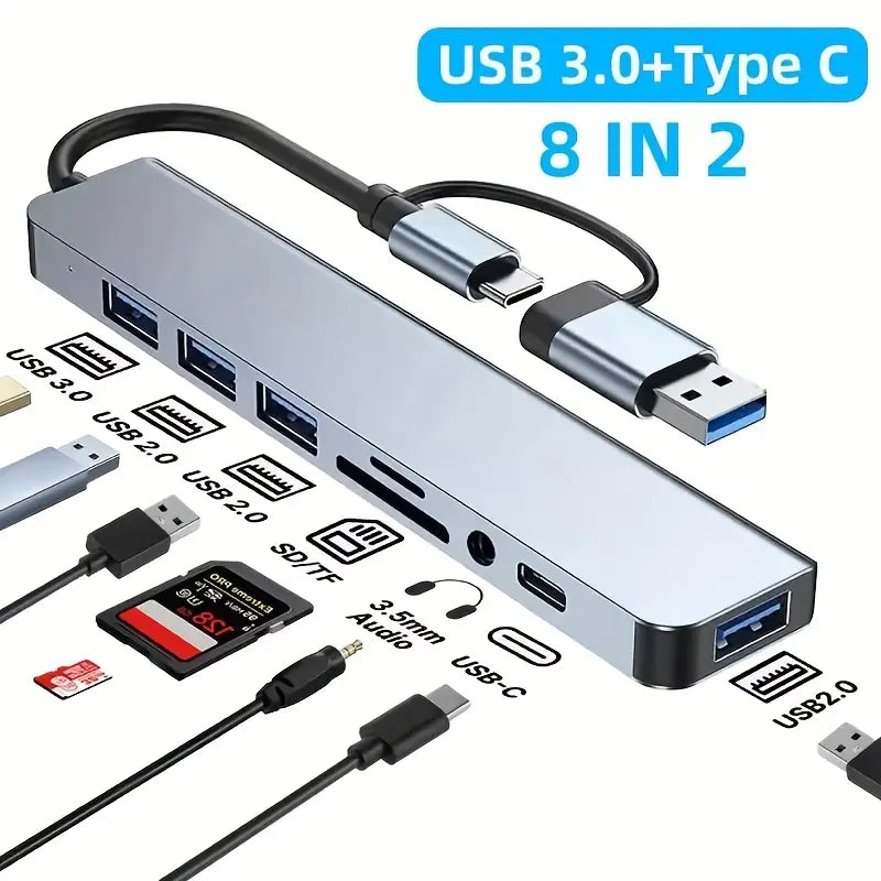 Docking Hub 20.32 cm | 2 Type-C + USB 3.0 + Card Reader (TF/SD) + 3.5mm Audio Jack
